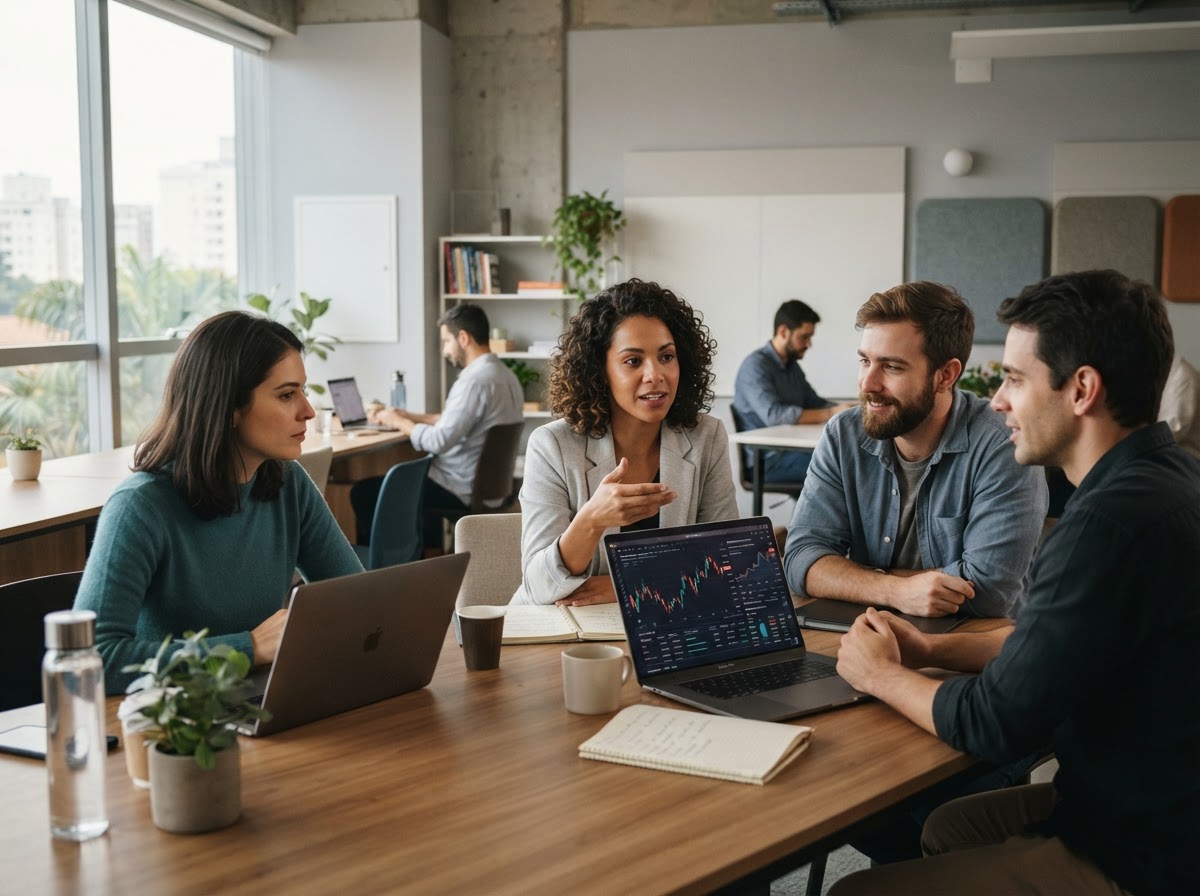 Trading 282 — equipe analisando indicadores financeiros em ambiente de trabalho